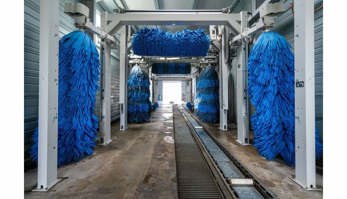 a woman washing it's blue car in a self service car wash